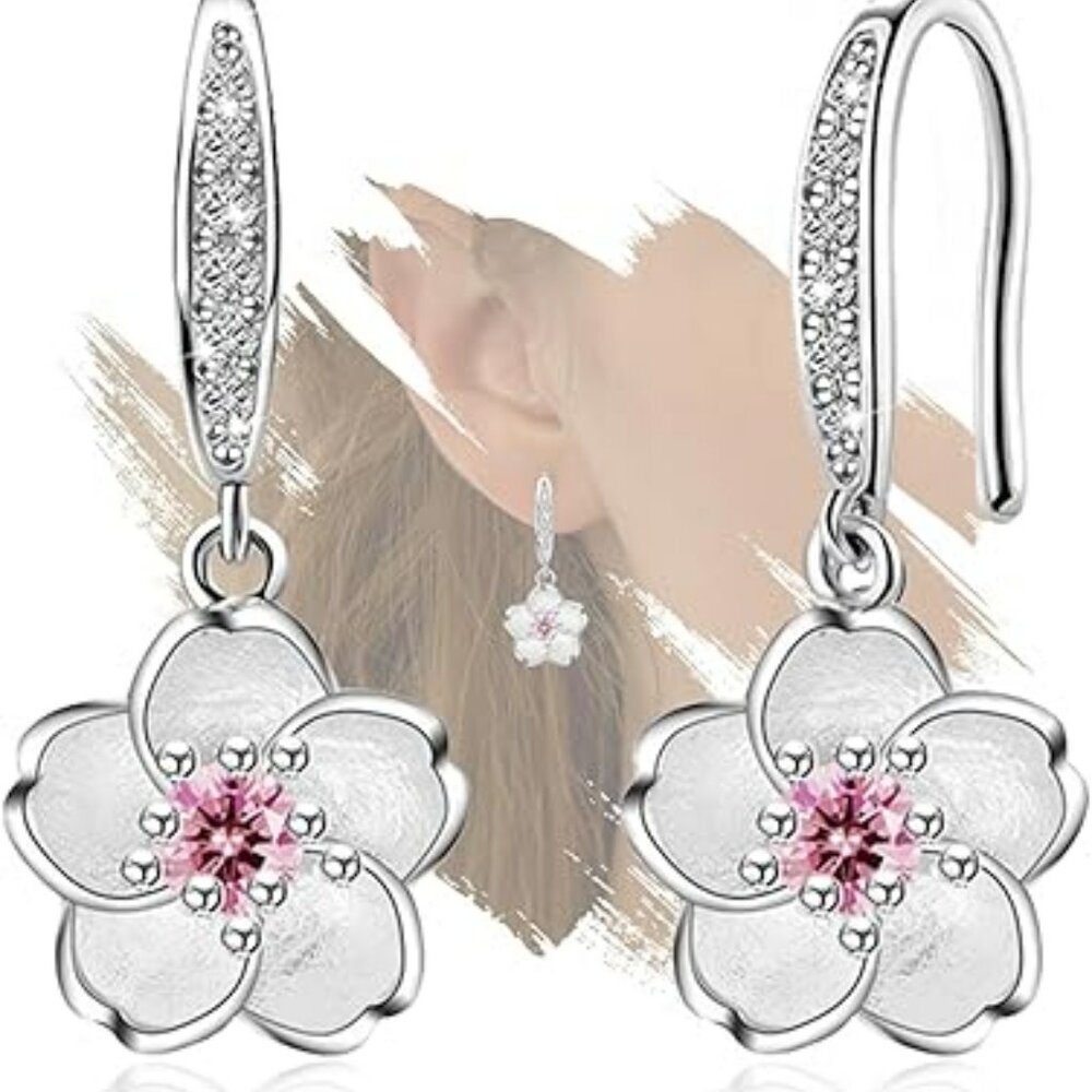 Silver Cherry Blossom Earrings Pink Flower Earring Set Dainty Classy Petite